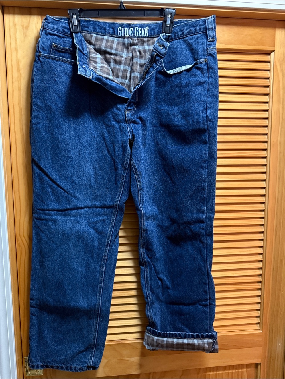 Guide Gear Dark Blue Denim Jeans with brown plaid flannel lining 38x30